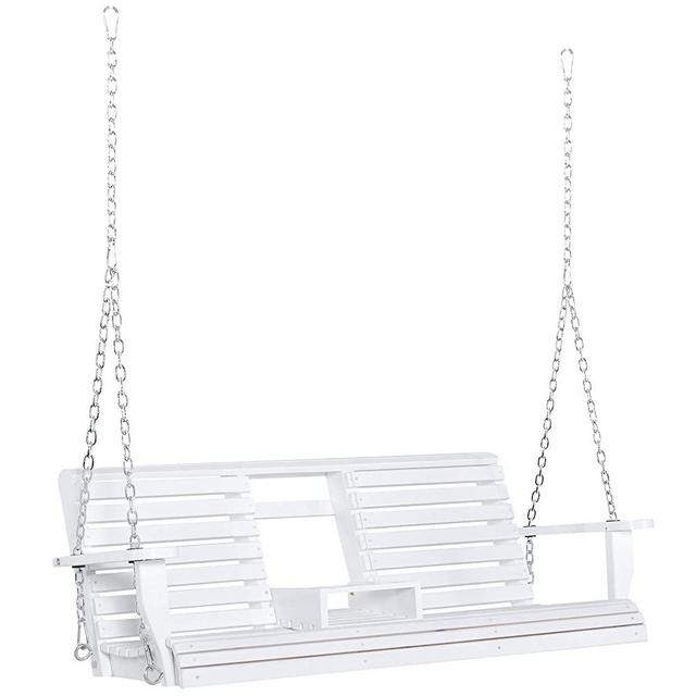 Outsunny 3-Seater Wooden Porch Swing Bench with Folding Coffee Table, Durable PU Coating, Chains Included, White