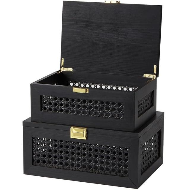 VinneGenzz 2PCS Decorative Rattan Storage Boxes Solid Wood Baskets Bins with Lid Keepsake Memory Jewelry Box Natural Boho Shelf Wicker Closet Desk Organizer Container (Black, 1 Large 1 Small)
