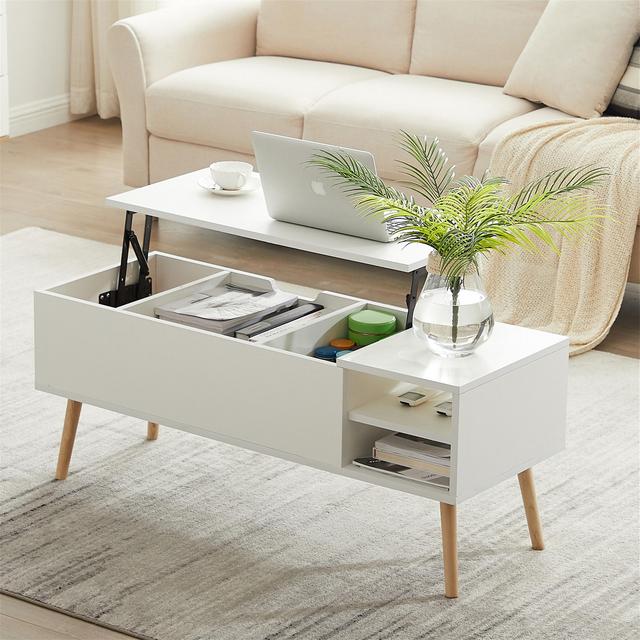Aukfa Coffee Table with Storage Space- Lift Top- Solid Wood Legs Support- Matte White Color