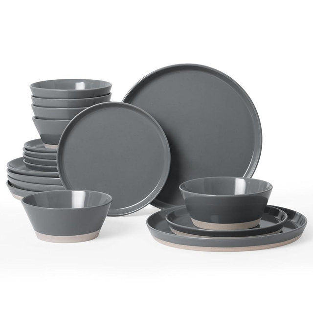 Famiware Saturn Speckled Dinnerware Sets for 6 (18 Pieces), Stoneware Plates and Bowls Dish Set - Chip and Scratch Resistant, Microwave and Dishwasher Safe, Dark Gray