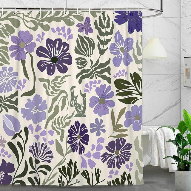 Boho Floral Botanical Shower Curtain, Cute Purple Abstract Mid Century Morden Flowers Leaves Plant Bathroom Curtain, Spring Summer Retro Aesthetic Bathroom Decor Shower Cutain Sets, 47X64IN
