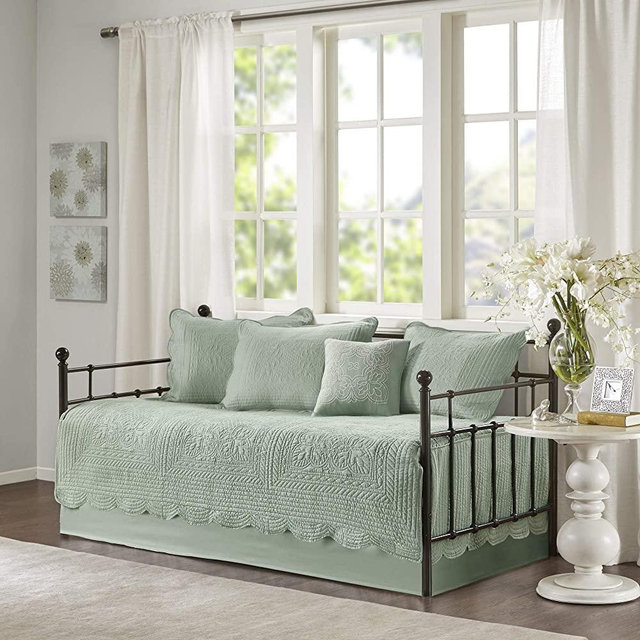 Madison Park 6 Piece Double Sided Quilting Bohemian Design. Cottage Décor Cozy Daybed Cover, Matching Shams, Embroidered Toss Pillow Hypoallergenic All Season Bedding-Set, 75"x39", Tuscany Seafoam
