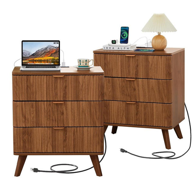 3 Drawer Farmhouse Nightstand Set of 2 with Charging Station, Mid Century Modern Wide Nightstand with Drawers, Fluted Nightstand Dresser for Bedroom Bedside Table, Living Room End Table with Storage