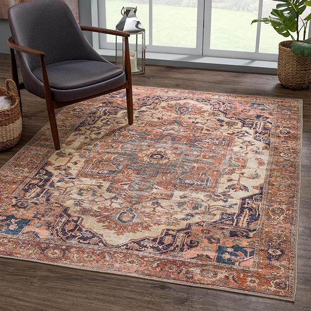 Bloom Rugs Washable 6x9 Rug - Beige / Terracotta Traditional, Distressed Area Rug for Living Room, Bedroom, Dining Room and Kitchen - Exact Size: 6' x 9'