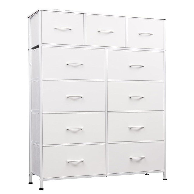 WLIVE 11-Drawer Dresser, Fabric Storage Tower for Bedroom, Hallway, Nursery, Closets, Tall Chest Organizer Unit with Textured Print Fabric Bins, Steel Frame, Wood Top, Easy Pull Handle, White