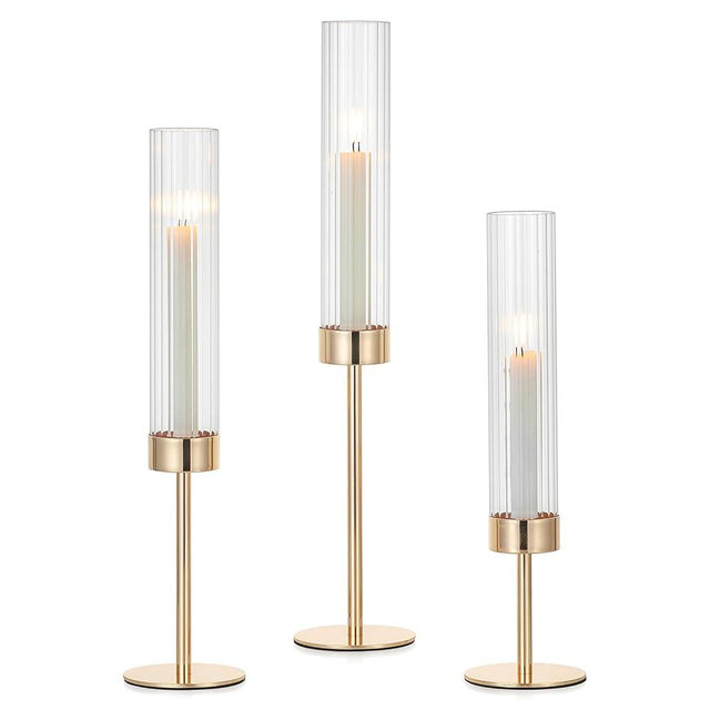 Hewory Gold Taper Candle Holders: Candlestick Holders Set of 3 Hurricane Glass Tall Candle Holder for Candlesticks Candle Sticks Holder Decor for Table Centerpiece Wedding Party Christmas Decorations