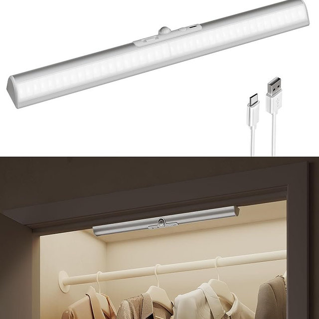 EZVALO 17-Inch LED Motion Sensor Closet Light, Rechargeable 3600mAh Battery, 150 Lumens No-Glare Curved, 3 Color Temperatures & Dimmable Cabinet Light for Wardrobes & Shelves