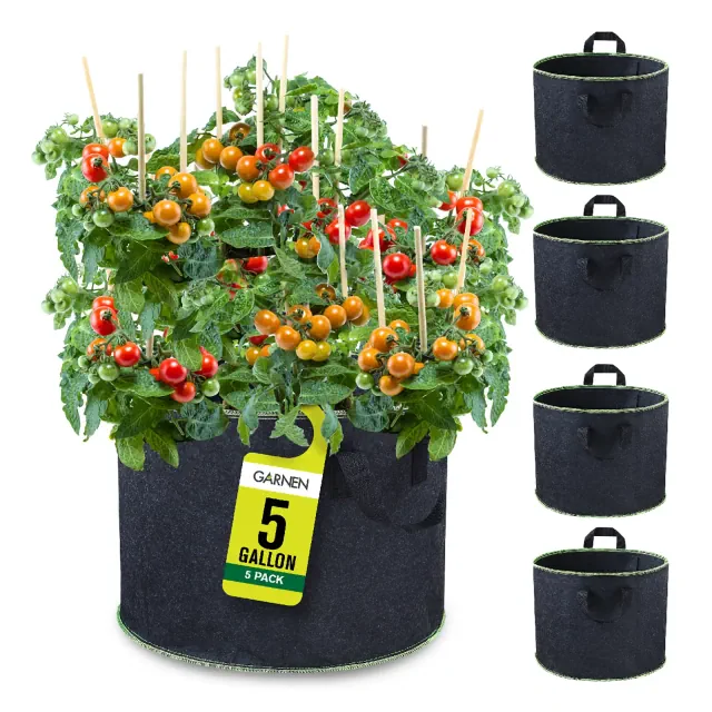 Garnen 5 Packs 5 Gallon Garden Potato Grow Bags, Fabric Grow Bags for Outdoor and Indoor Planters - Black