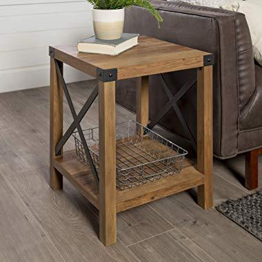 WE Furniture Rustic Modern Farmhouse Metal and Wood Square Side Accent Living Room Small End Table, 18 Inch, Reclaimed Barnwood