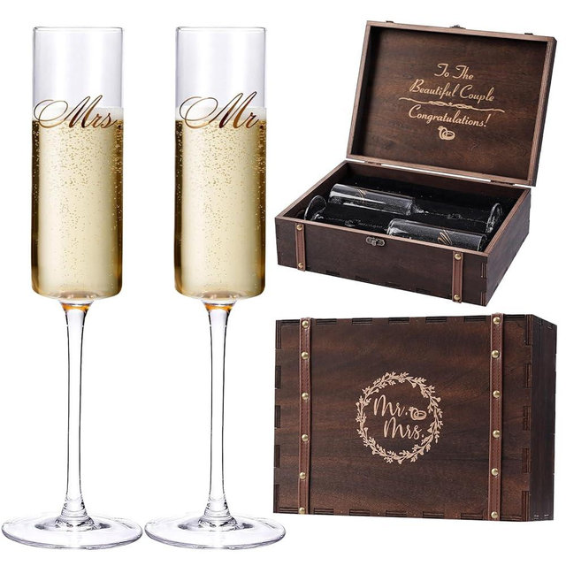 Cyrelwing Mr. and mrs. Champagne Flutes set Bridal Shower Gifts Wedding gifts for Couples Newlyweds Wedding Engraved Wooden Keepsake Box Engagement Gifts