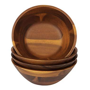 7-Inch Acacia Wooden Salad Bowls, AIDEA 4 Acacia Wood Bowl Set for Cereal Fruit Pasta,Hardwood Serving Bowl