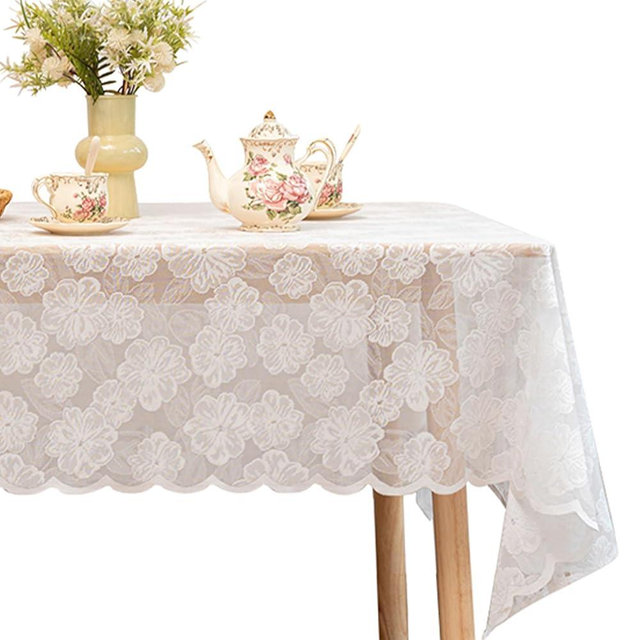 Jayla White Lace Tablecloth 60 X 84 Inches Rectangle Camellia Flower Embroidered Wedding Table Cloths for Outdoor Party Reception, Dinner Party, Baby Shower, Tea Decorations, Home Decor