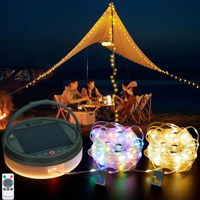Solar Camping Lights 130LEDs,33 FT Fairy Lightswith 13 Lighting,Portable Waterproof 4 in1 Camping Lantern,Retractable Christmas Twinkle Lights Design & Hooks for Outdoor Garden Party Essentials