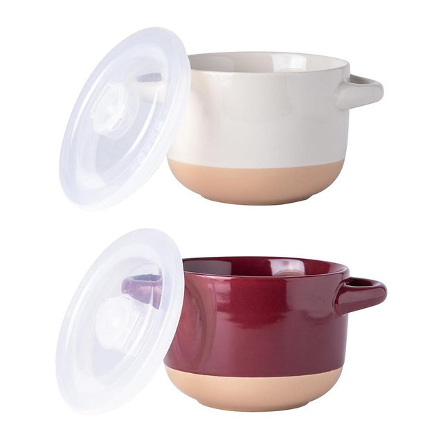 AmorArc 24 Ounces Soup Bowls with Large Handles and Lids, Stoneware Bowls Set of 2 for Soup, Cereal, Stew, Noodle, Colourful Ceramic Kitchen Bowls, Microwave&Dishwasher Safe, Red&Beige