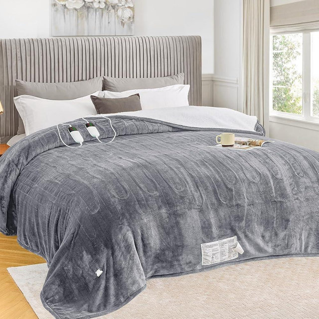 greenoak Heated Blanket Electric King Size 100"X90" Dual Control, Heating Blanket with 10 Heat Levels 1/2/4/6/8 Hours Auto-Off Overheat Protection, Soft Sherpa Warm, ETL Certified Misty Grey
