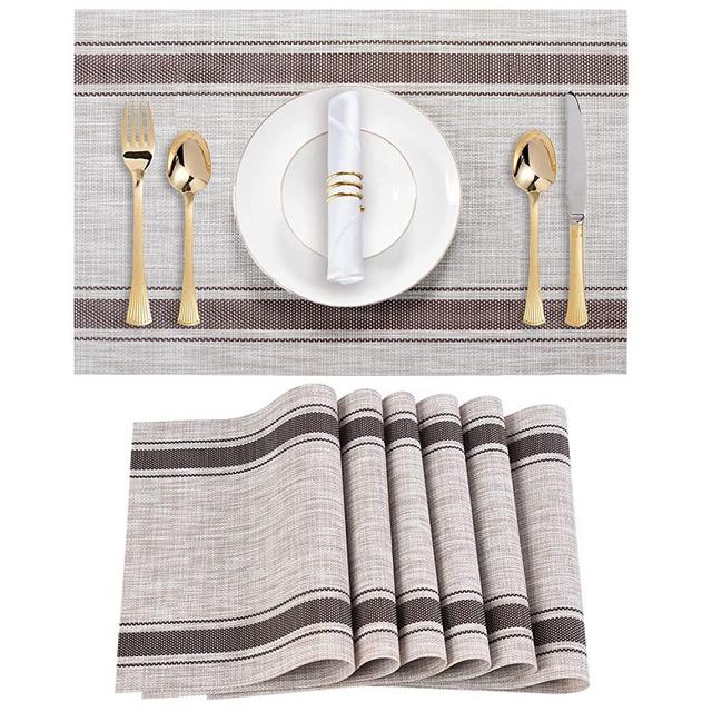 FYIN-HONG Placemats for Dining Table Set of 6, Washable Durable Heat Resistant Stain Resistant Anti-Skid Polyester Place Mats in Home Kitchen for Breakfast Lunch Dinner, Stripes-Brown