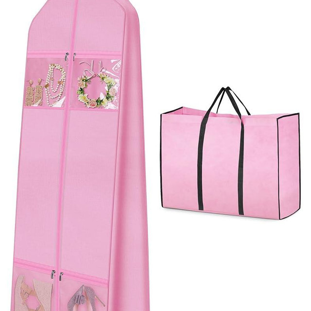 MISSLO 70" Wedding Dress Garment Bag with Bride Tote Bag 8'' Gusseted Wedding Dress Bags for Gowns Long 4 Pockets Dress Cover for Women, Pink