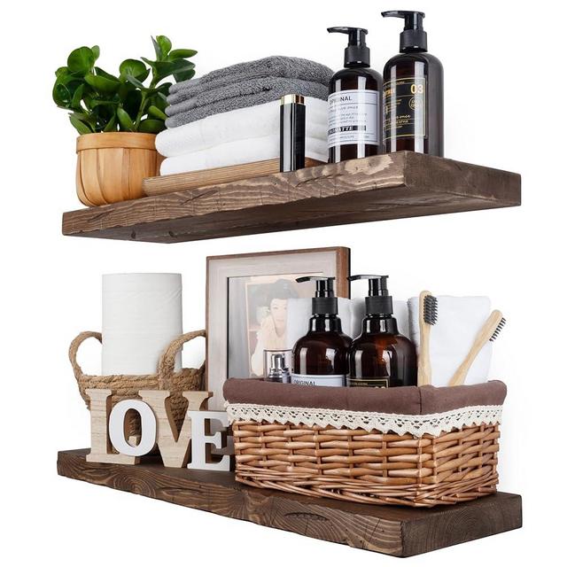 BGMG Floating Shelves 24 inch Long, Distressed,Wide Rustic Wooden Wall Shelves for Bathroom Living Room Bedroom Kitchen Farmhouse Set of 2-24x6.7x1.25 inch-Distressed Walnut