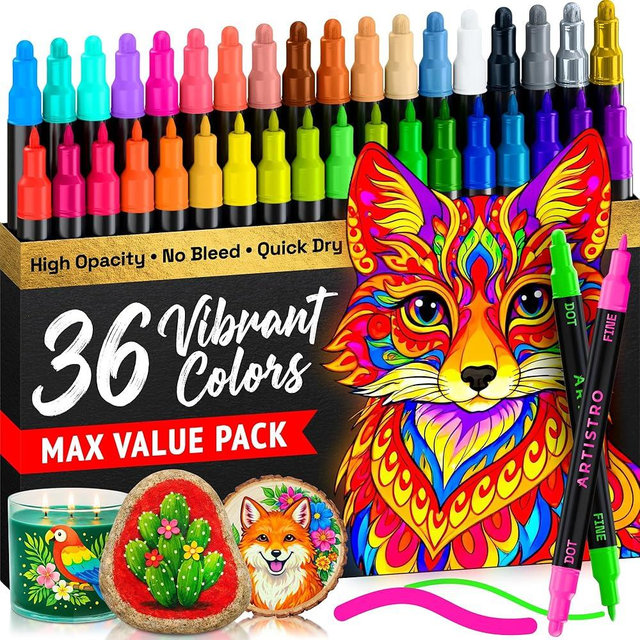 ARTISTRO 36 Acrylic Paint Markers for Rock, Fabric, Wood, Glass, Eggs - Dual-Tip Paint Pens for Coloring Books for Adults, Teens, Kids - Art & Craft Supplies - Gift Idea - Easter Basket Stuffers