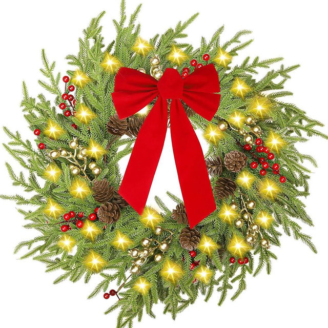 AMORISE Christmas Wreath with Lights, 26 in Pre-Lit Norfolk Pine Wreath for Front Door, Real Touch Artificial Green Winter Wreath with Pine Cones, Red Berries, for Indoor Outdoor Holiday Decor, FF10