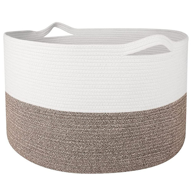 WISELIFE Storage Basket Large Cotton Rope Basket 21.7"x 21.7" x 13.8" Baby Laundry Basket with Handle Big Basket Soft Nursery Cube Bin Durable Laundry Hamper for Living Room （White/Brown）