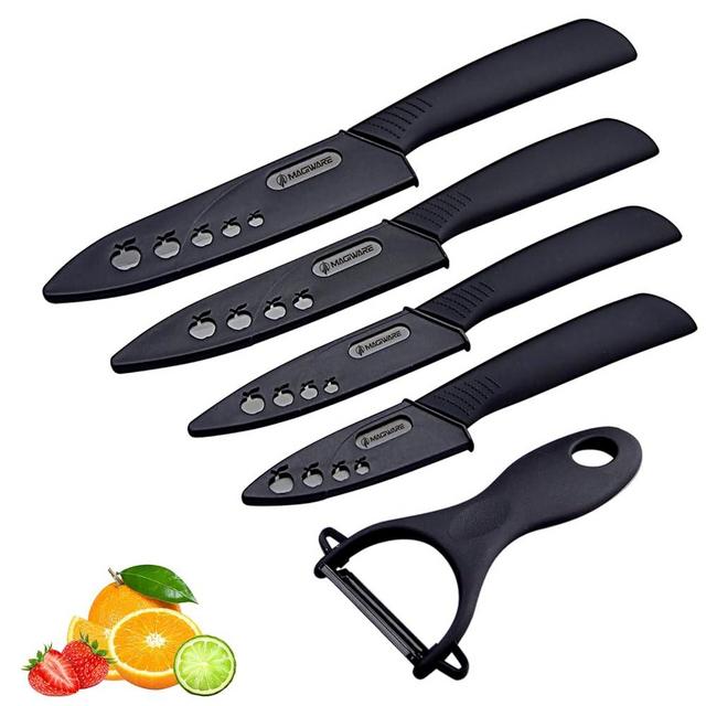Magiware 5-Piece Chef Ceramic Knife Set (4 Ceramic Knives 4 Blade Guard and 1 Peeler), Never Rust Never Oxidize Food Stain Proof