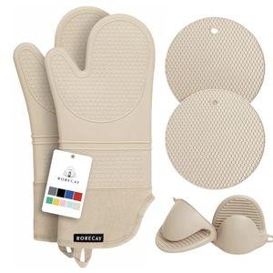 Rorecay Oven Mitts and Pot Holders Sets 6pcs, Extra Long Kitchen Silicone Oven Gloves High Heat Resistant 500 Degrees Non-Slip Potholders Hot Pads for Baking Cooking, Milkshake
