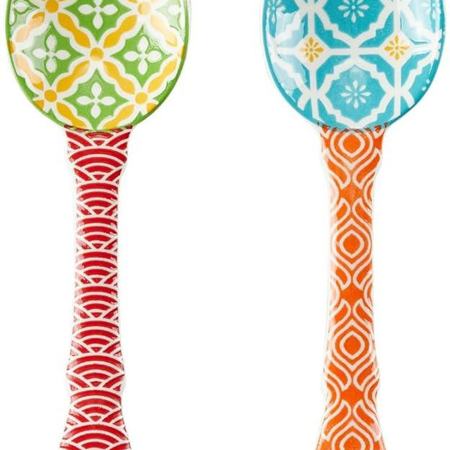 Metahom Ceramic Salad Servers, 9" Salad Spoon and Fork Set, Salad Tongs for Mixing, Tossing, Cooking and Stirring, Dishwasher & Microwave Safe, Set of 2, Orange & Red