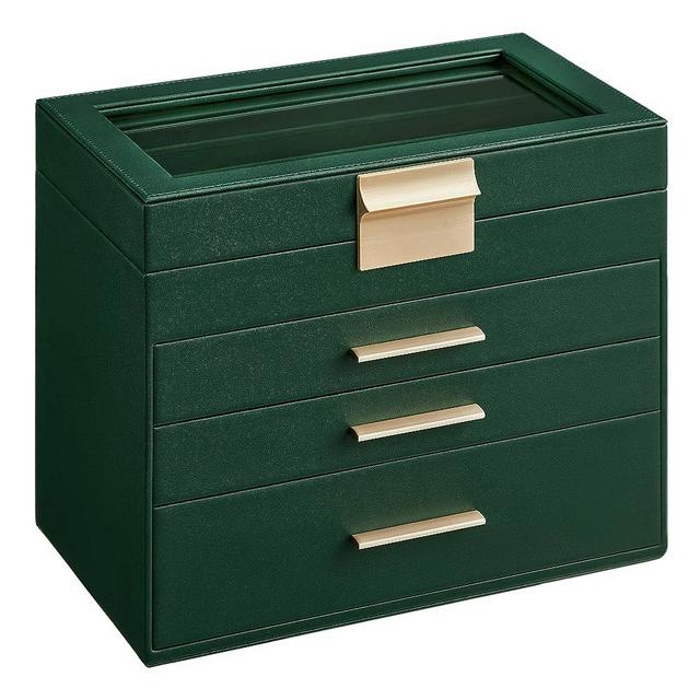 SONGMICS Jewelry Box with Glass Lid, 4-Layer Jewelry Organizer, 3 Drawers, for Sunglasses, Big Jewelry, Jewelry Storage, Modern Style, Forest Green and Gold Color UJBC161G01