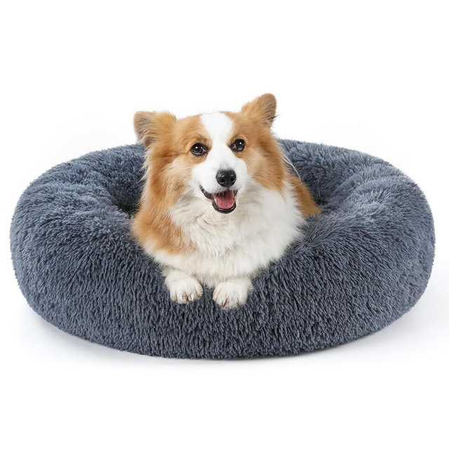 rabbitgoo Calming Dog Bed for Small Medium, 30 inches Pet Bed Machine Washable, Non-Slip Round Fluffy Plush Faux Fur Large Cat Cushion, Soft Donut Cuddler Cushion for Small Dogs, Dark Grey