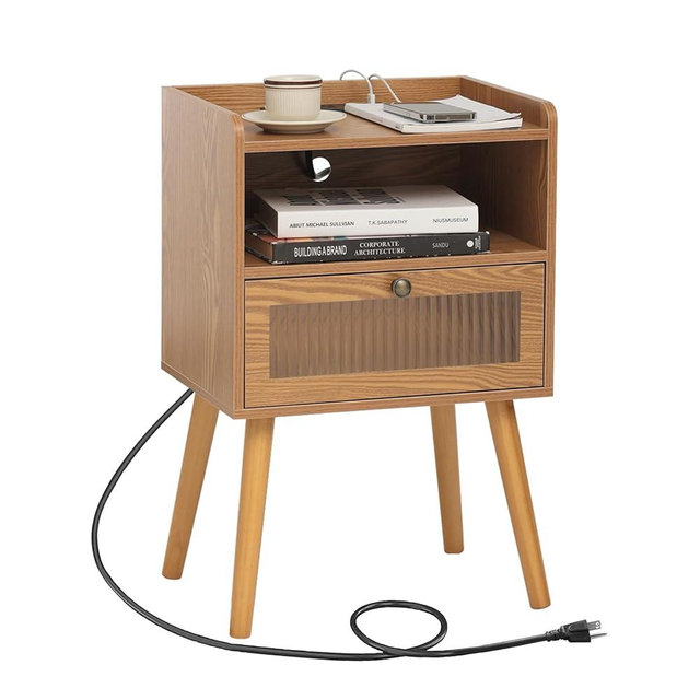 AWASEN Mid Century Nightstand with Charging Station, Modern Bedside Table with Glass Decorative Drawer, Small End Table Side Table with 2 Tiers Storage for Bedroom, Living Room and Office (Brown)