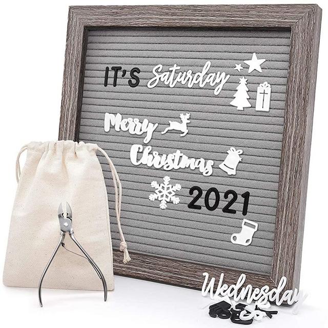 Felt Letter Board 10x10 Inches, Gray Changeable Message Board with Stand & Wall Hook, 803 Black & White Letters, Emojis, Months & Weeks, Arabic Numerals, Canvas Bag and Scissors - Rustic Wood Frame