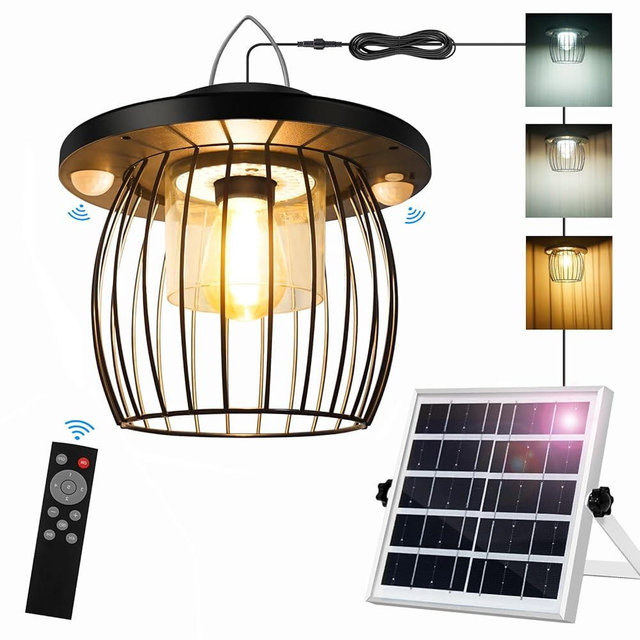 Solar Shed Lights with 2 Motion Sensors, Classic Metal Solar Chandelier Outdoor with 5 Lighting Modes, Waterproof Pendant Lamp with Remote Control for Barn, Gazebo, Garden, Patio(16.4FT Cord)