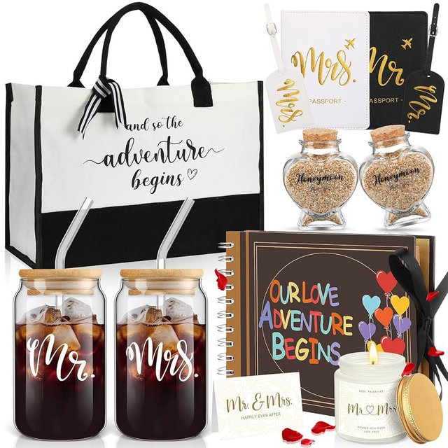 Singhoow 12 Pcs Wedding Honeymoon Gifts for Couple Mr Mrs Bridal Shower Engagement Gifts with Glass Adventure Book Scrapbook Passport Holder Baggage Tags Jar Tote Bag