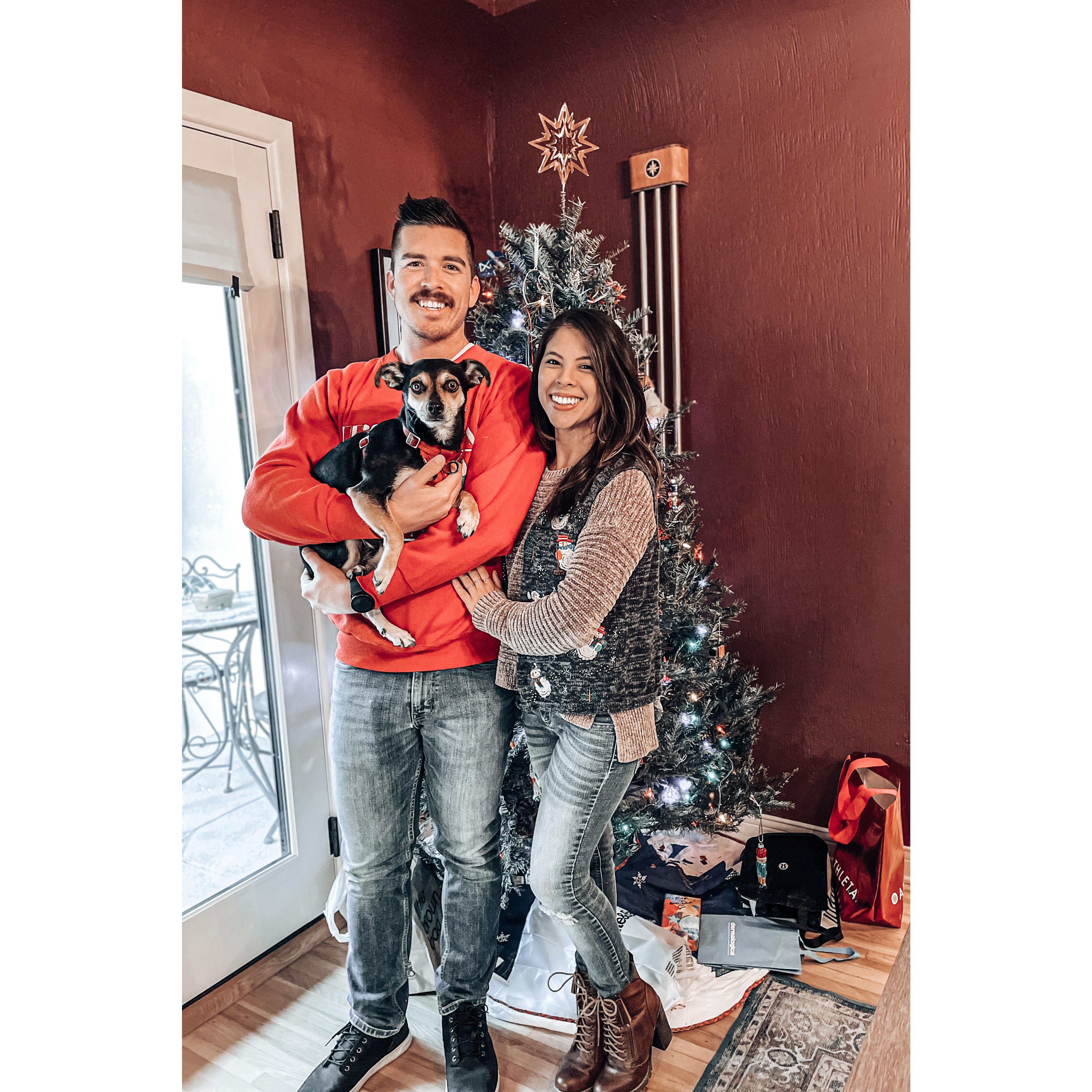 Family Christmas with our puppy son, Finny.