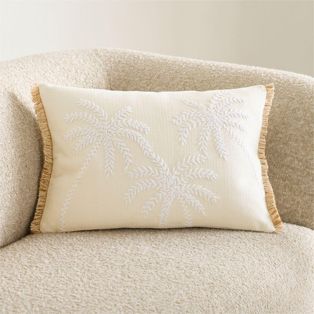 Embroidered Palm Tree 22"x15" Ivory Throw Pillow with Feather Insert