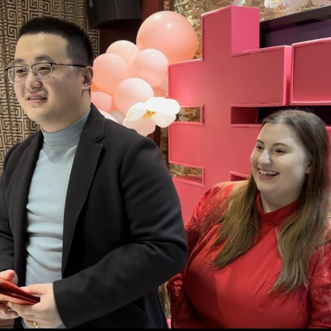 Haonan and Allison at their engagement party in Qitaihe, Heilongjiang Province, China (Haonan’s hometown). The place was decorated with 囍 the double happiness symbol.
