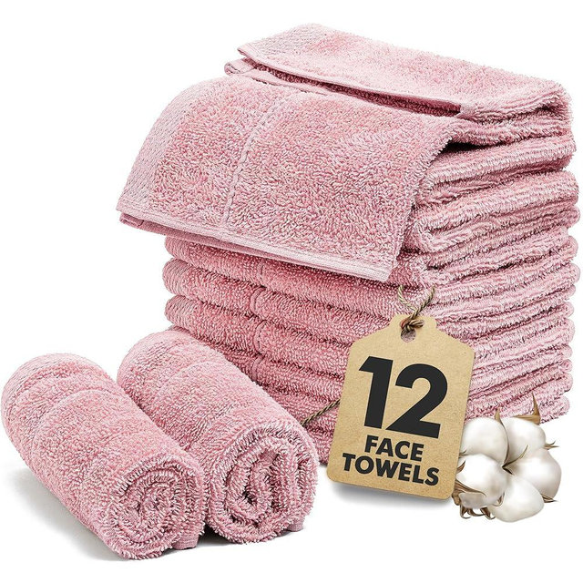 Novo Home Face Towels Pack of 12 – 100% Cotton Wash Cloths (12x12 inch) – Soft, Quick Dry & Highly Absorbent Hand Towels for Bathroom, Spa, Gym, Kitchen and for Daily Use - (Baby Pink)