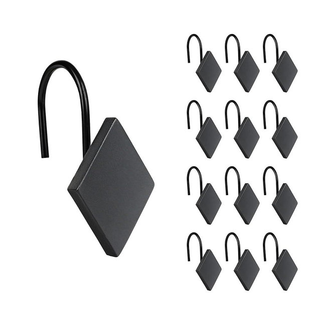 Sunlit Geometric Decorative Shower Curtain Hooks, Matt Rhombus Geometric Black Shower Curtain Rings, Resin, Bathroom Decoration Boho Shower Curtain Hangers-12 Pack
