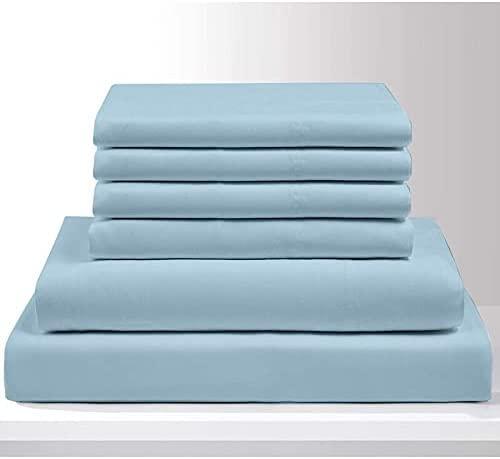 Queen Size Sheet Set - 6 Piece Set - Extra - Deep Pockets - 600-Thread-Count 100% Egyptian Cotton Light Blue Solid Bed Sheets - Queens Sheets - 6 PC