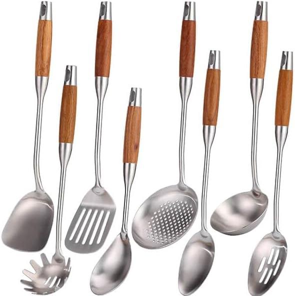 18/10 Stainless Steel Kitchen Utensils Set with Wood Handle - 15”Metal Cooking Tools & Serving Utensil, 8-Pieces Cooking Spoons Set - Spatula, Ladle, Skimmer, Turner, Pasta, Solid Spoon, Slotted Spoon