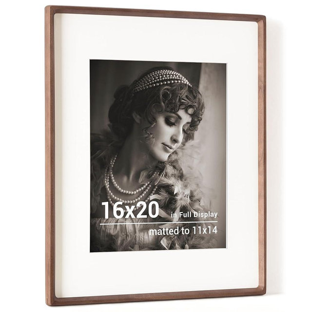 16 x 20 Picture Frame, USA-Sourced Walnut Wood Photo Frame with HD Tempered Glass, Handcrafted Rounded Corner 16x20 Wooden Frame Matted to 11x14 Photos, Horizontal or Vertical Wall Display