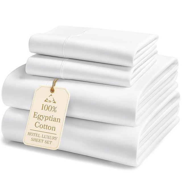 100% Egyptian Cotton Sheets Queen Size - Luxury 1000 Thread Count Naturally Cooling & Breathable Silky Sateen Weave Queen Sheet Set, Soft & Durable Hotel Sheets with 15" Snug Fit Deep Pockets - White