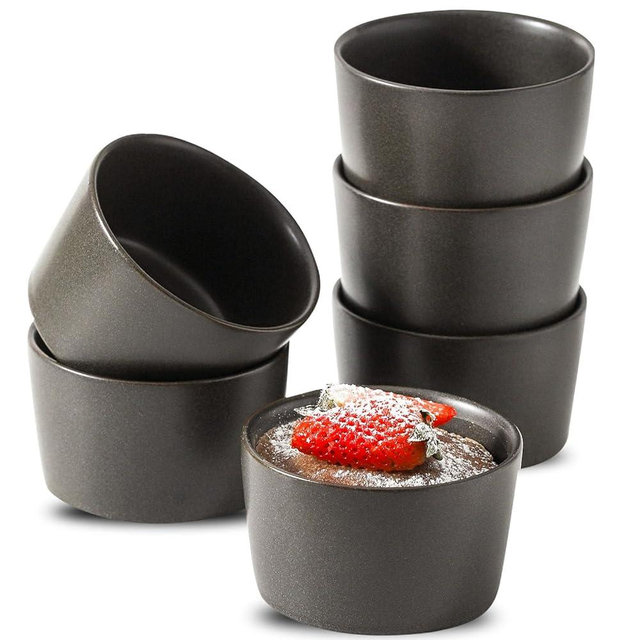 Tikooere Ramekins 4 oz, Oven Safe Soufflé Dishes for Creme Brulee, Souffle, Pudding, Lava Cake, Stoneware Custard Cups for Baking, Ceramic Sauce Bowls Set of 6, Kitchen Decor Gift, Matte Black