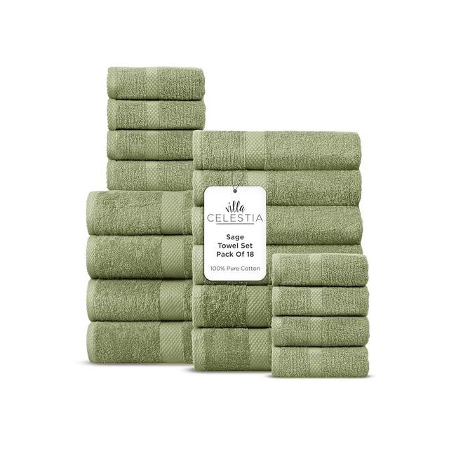 Villa Celestia 100% Cotton Bath Towel Set of 18-4 Bath Towels, 6 Hand Towels, 8 Wash Cloths, Sustainable, Soft, Highly Absorbent, Combed Cotton 18 Piece Set for Hotels, Spa, Bathroom, Dorm, Sage