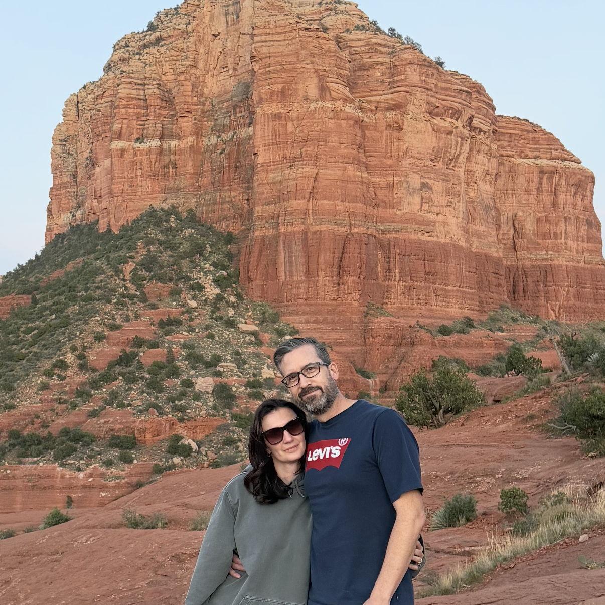 Hiking the red rocks in Sedona, and I stole his sweatshirt because I am always freezing!