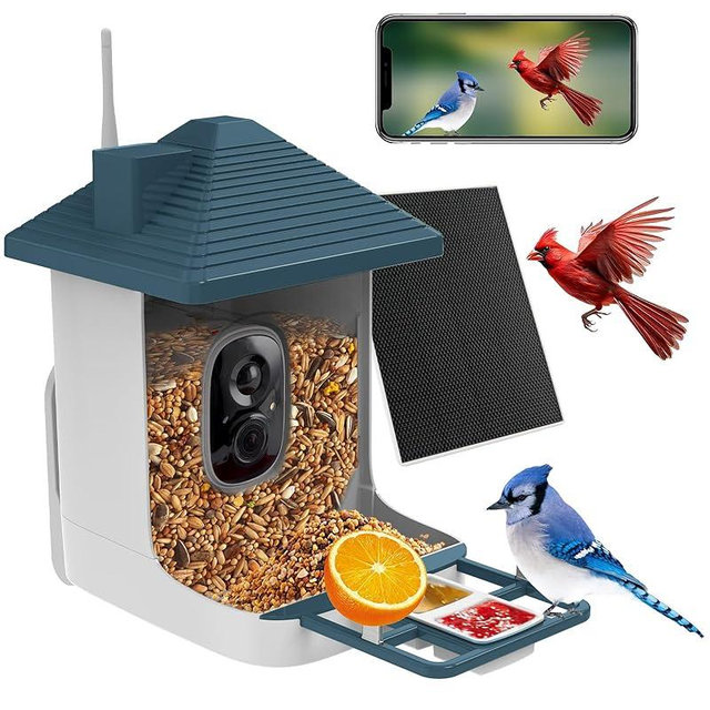 Smart Bird Feeder with Camera,AI Identify Species,Bird House with Solar Powered,Instant Arrival Alerts,2K HD Capture Video Live View,Gift for Birds Lover (Indigo Blue)