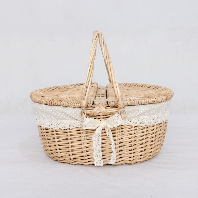Vintage Wicker Picnic Basket with Lace Liner: Handwoven Farmhouse Hamper