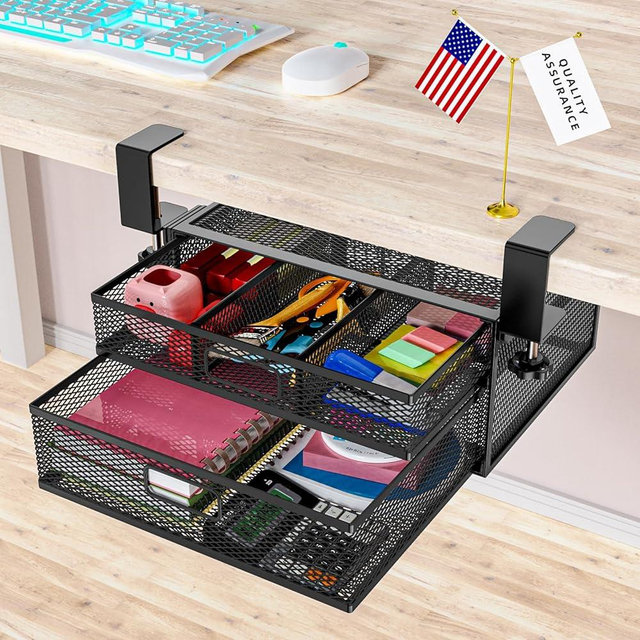 Cankm Under Desk Drawer Organizer No Drilling 2 Slide Out Drawer Under Desk Storage Drawer Clamp On Under Desk Management Drawer Organizer Suitable for Home and Office | No Drilling, Clamp On, Organizer