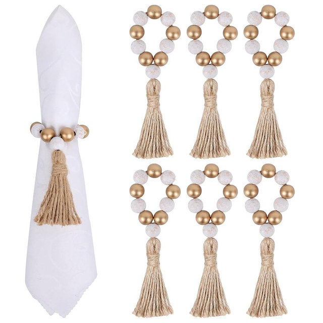 Meplait Napkin Rings Set of 6, Wood Bead Napkin Rings with Tassel Set Napkin Holders Buckle for Wedding, Party, Dining Table Decor